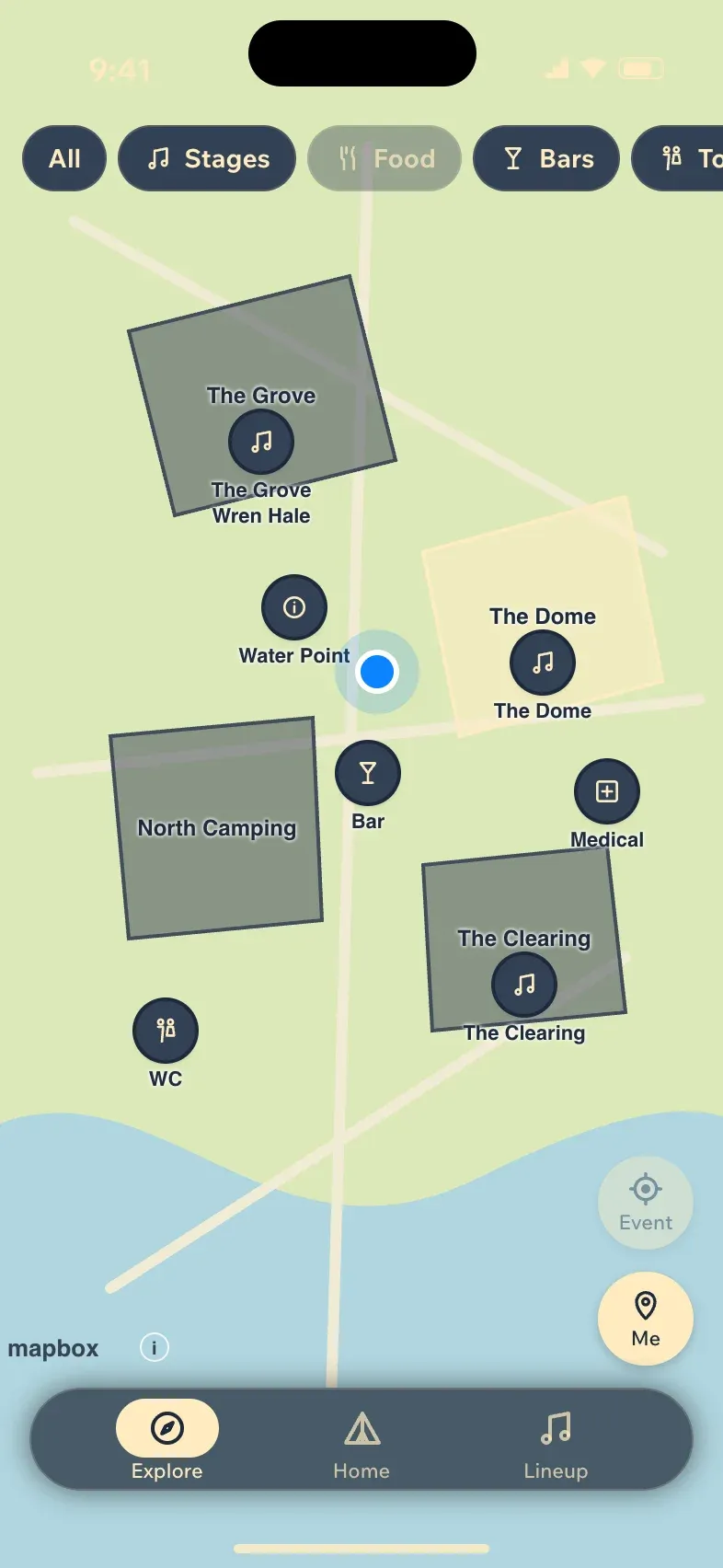 The map filtered to food and drink