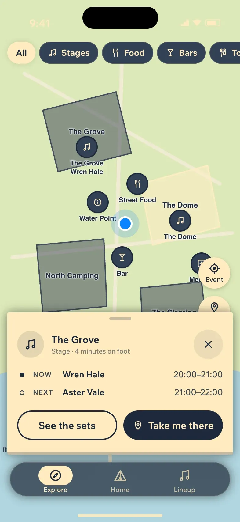 A venue opened from the map with who is on now