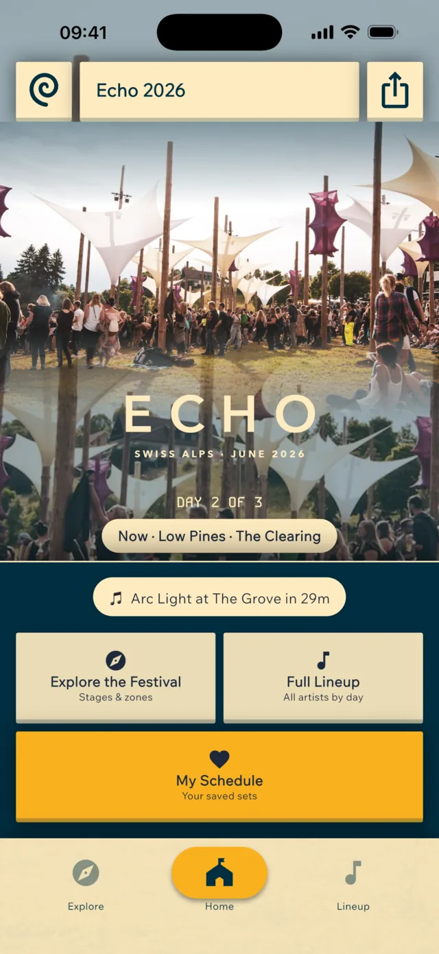 Flux app home screen showing the Echo 2026 demo festival with hero image and event navigation