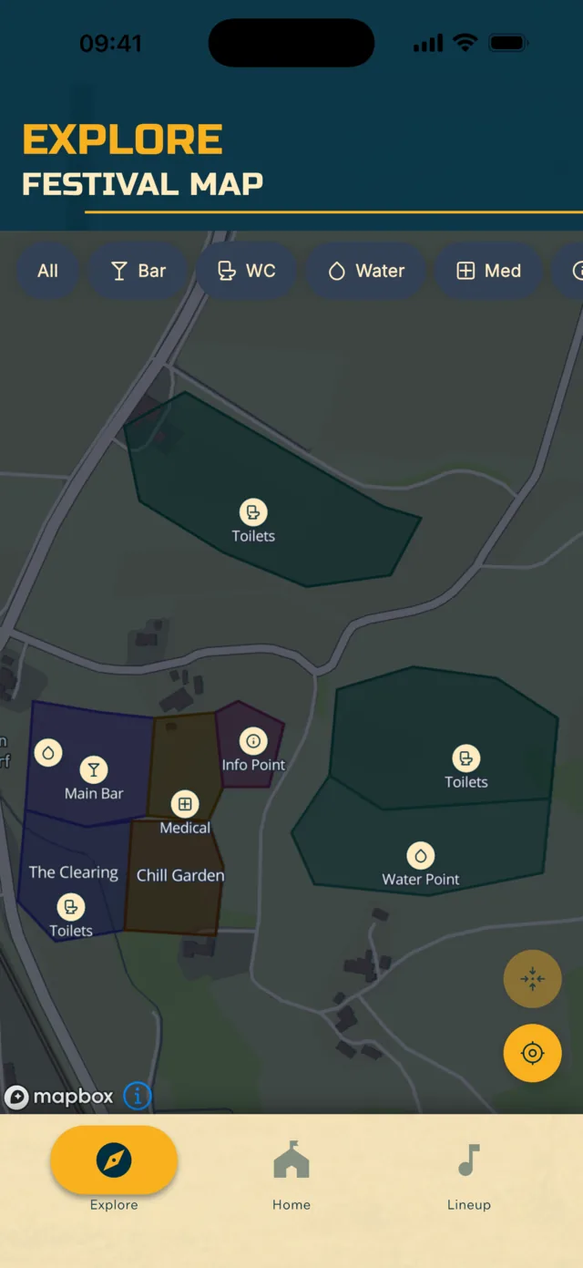 Flux app festival map with stage, bar, water and medical markers