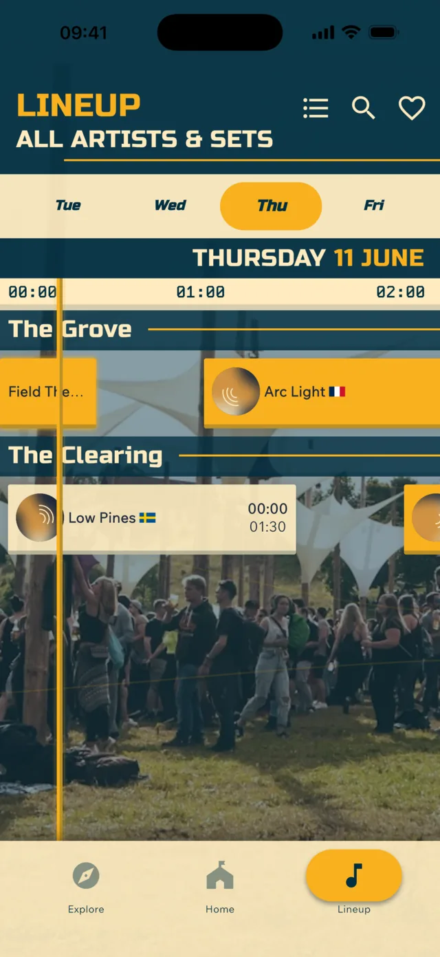 Flux app lineup screen showing the Thursday schedule across two stages at the Echo 2026 demo festival